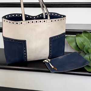 Tory Burch Navy and Cream Leather Tote with Matching Wristlet